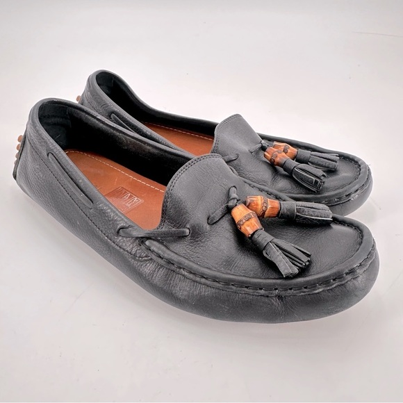 GUCCI Black Leather Bamboo Tassel Driving Loafers Size 37 - Picture 2 of 9